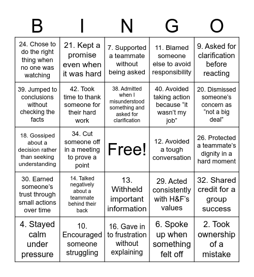 H&F Bingo | INTEGRITY Bingo Card
