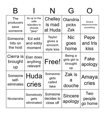 Love Island drinking game Bingo Card