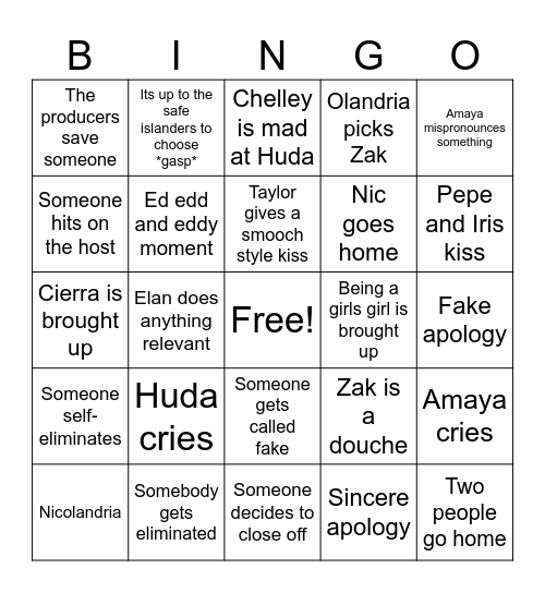 Love Island drinking game Bingo Card
