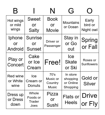 Bridal Shower Bingo Card