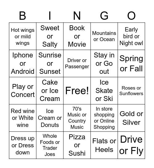 Bridal Shower Bingo Card