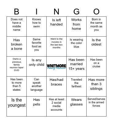 Whitmore Family Reunion Bingo Card