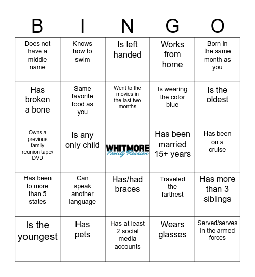 Whitmore Family Reunion Bingo Card