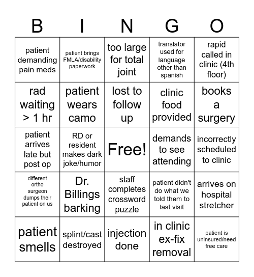 T Ortho clinic BINGO Card