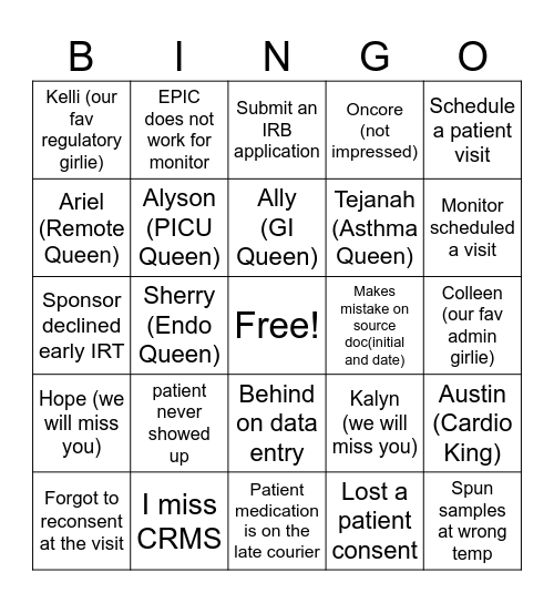 The Life of a Study Coordinator - Bingo Edition Bingo Card