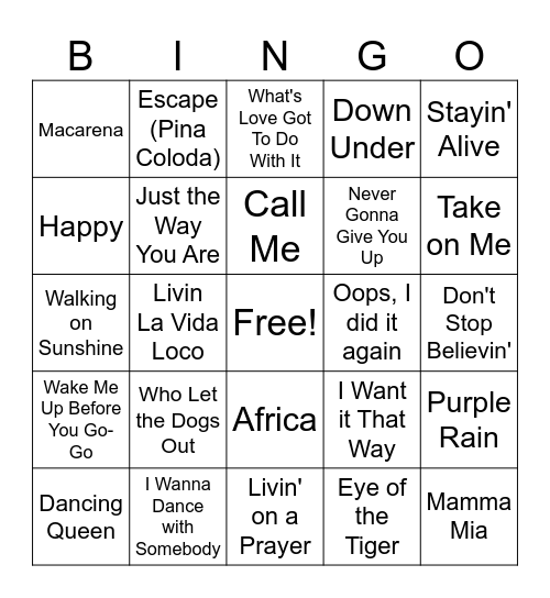 Top Hits from the 80's, 90's, & 00's Bingo Card
