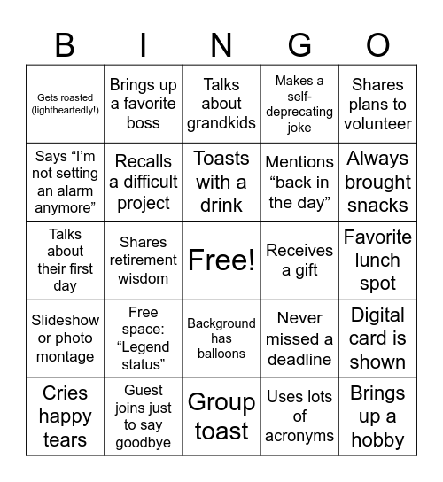 Bill's Retiring! Bingo Card