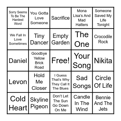 Elton John Bingo Card