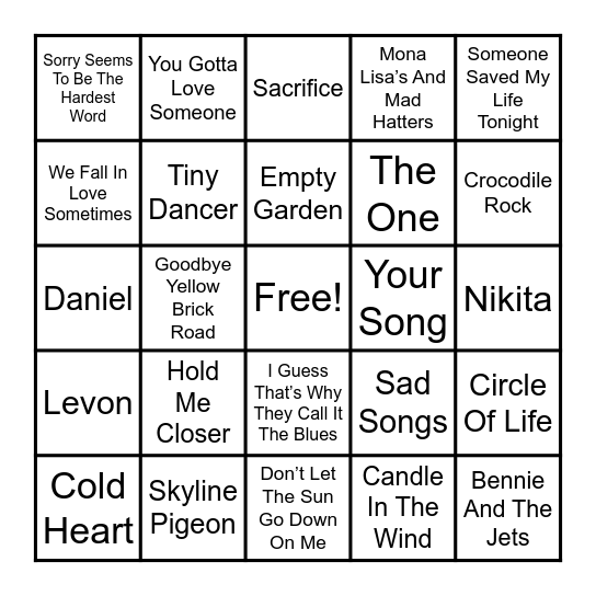 Elton John Bingo Card