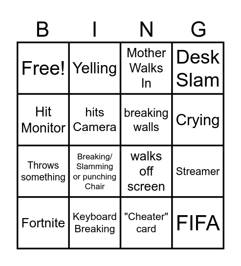 Gamer rage bingo Card