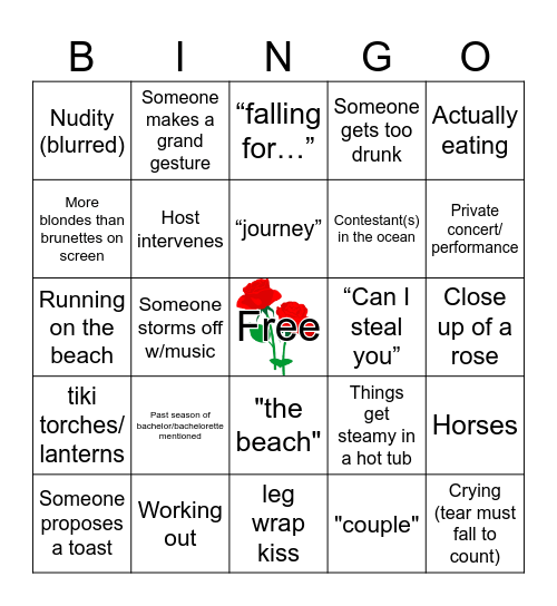 Bachelor in Paradise Bingo Card