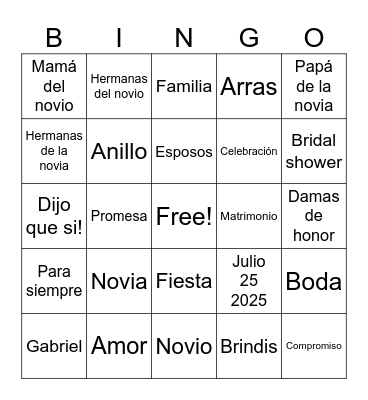 Bridal shower Bingo Card