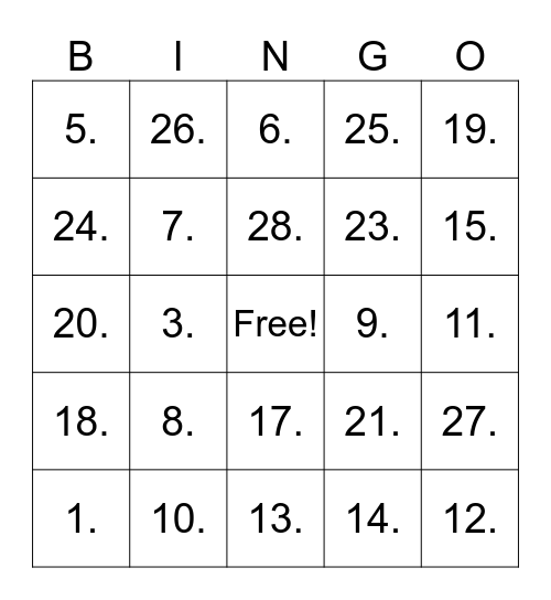 Elton John Bingo Card