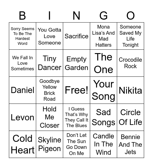 Elton John Bingo Card