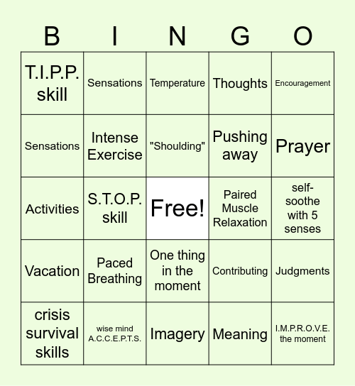Distress Tolerance Bingo Card