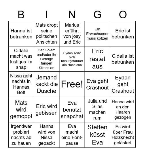 klassenfahrt eric/hanna Bingo Card