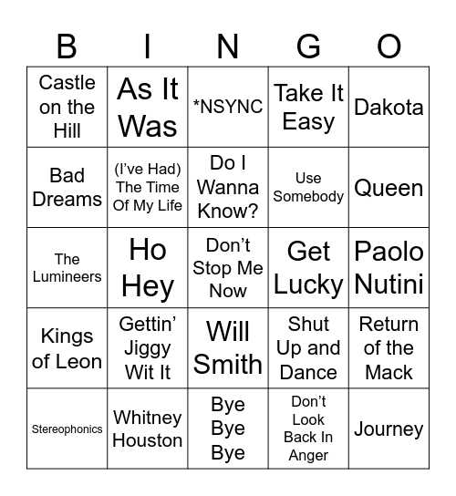 Music Bingo Round 1 Bingo Card