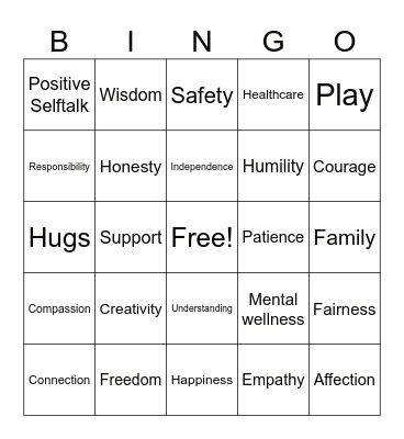 "What a child needs" Bingo Card