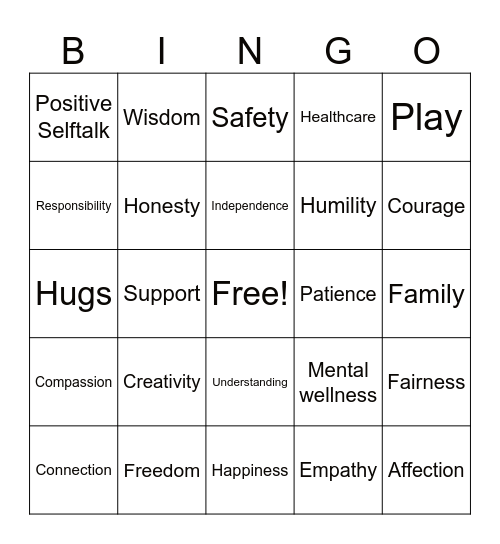 "What a child needs" Bingo Card