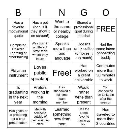 Intern Bingo Card