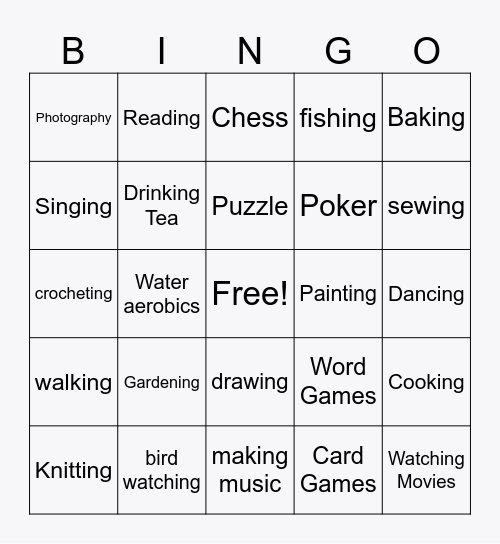 Name That Hobby Bingo Card
