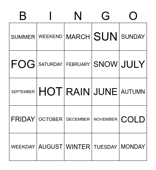 DAYS, MONTHS, SEASONS, WEATHER Bingo Card