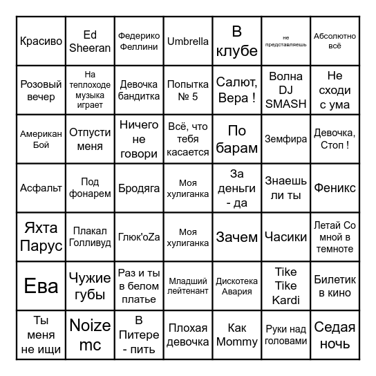 Dianka's Party Bingo Card