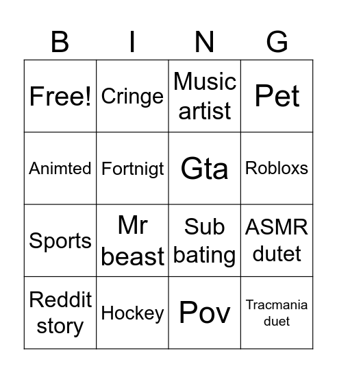 YouTube bingo Card