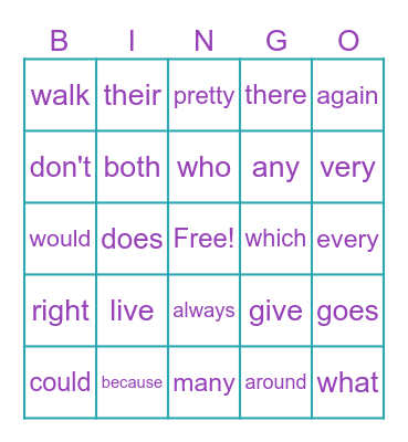 SIGHT WORD BINGO Card