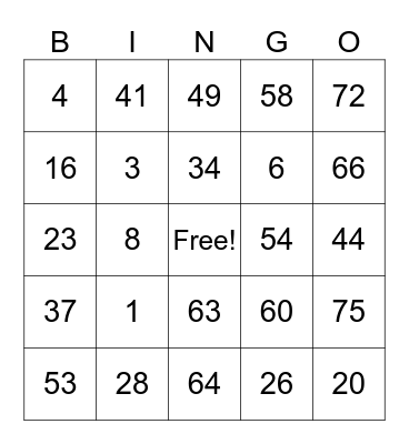 Number Bingo 1-75 Bingo Card