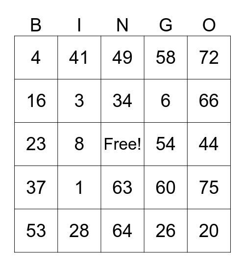 Number Bingo 1-75 Bingo Card