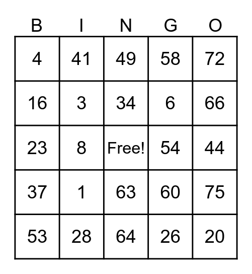 Number Bingo 1-75 Bingo Card