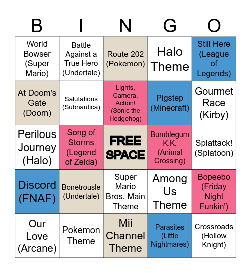 Video Game Music Bingo Card