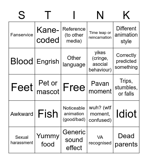 stinky 3 Bingo Card