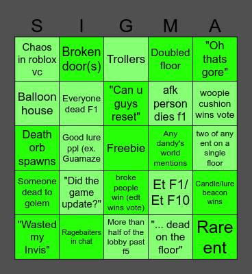 Minus Decendence Bingo Card