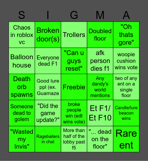 Minus Decendence Bingo Card