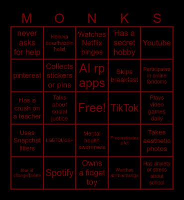 Monks Bingo Card
