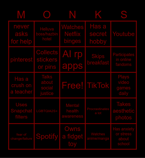 Monks Bingo Card