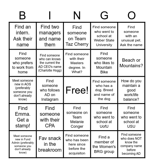 AD Speed Networking Bingo Card