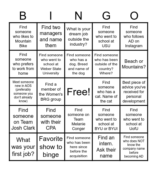 AD Speed Networking Bingo Card