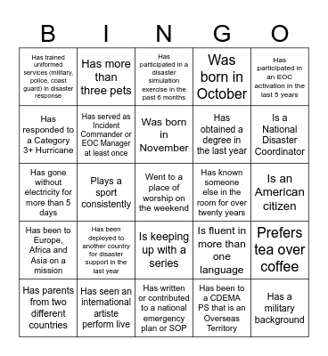 EOC Management Course - Beta Test Workshop Icebreaker Bingo Card