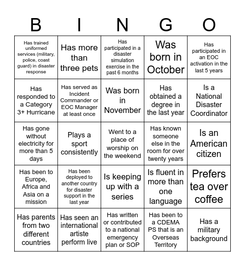 EOC Management Course - Beta Test Workshop Icebreaker Bingo Card