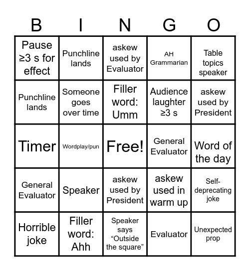 Toastmasters "Askew" Bingo Card
