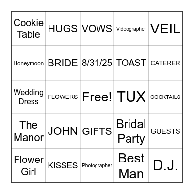 Rachel's Bridal Bingo Card