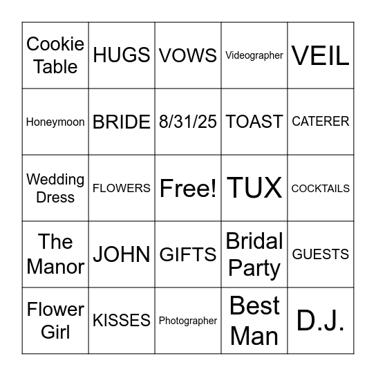 Rachel's Bridal Bingo Card