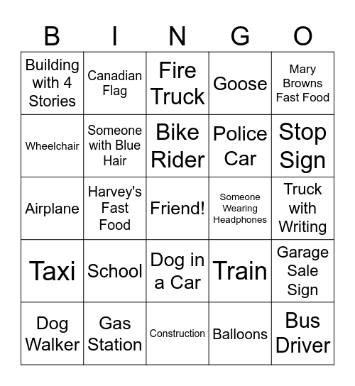 Bus Bingo Card