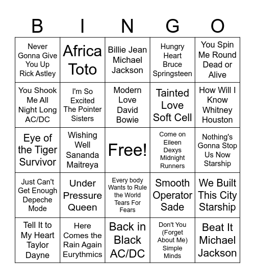 80s-2000s Music Bingo Card