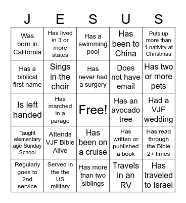 Ventura Jubilee Fellowship Bingo Card