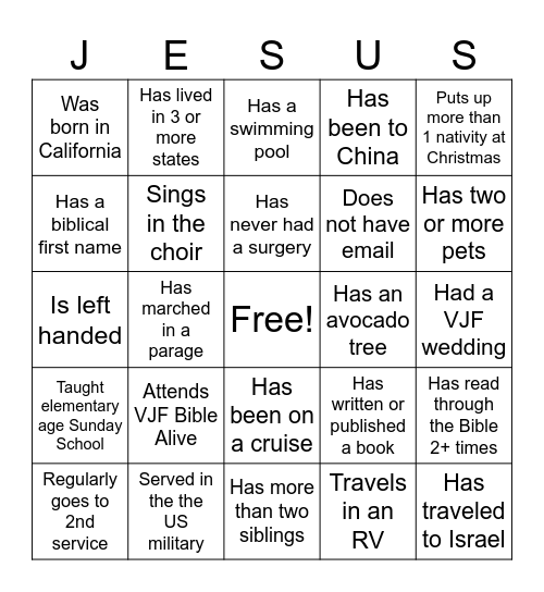 Ventura Jubilee Fellowship Bingo Card