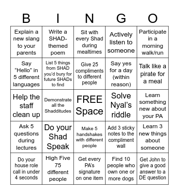 SHAD Bingo Card